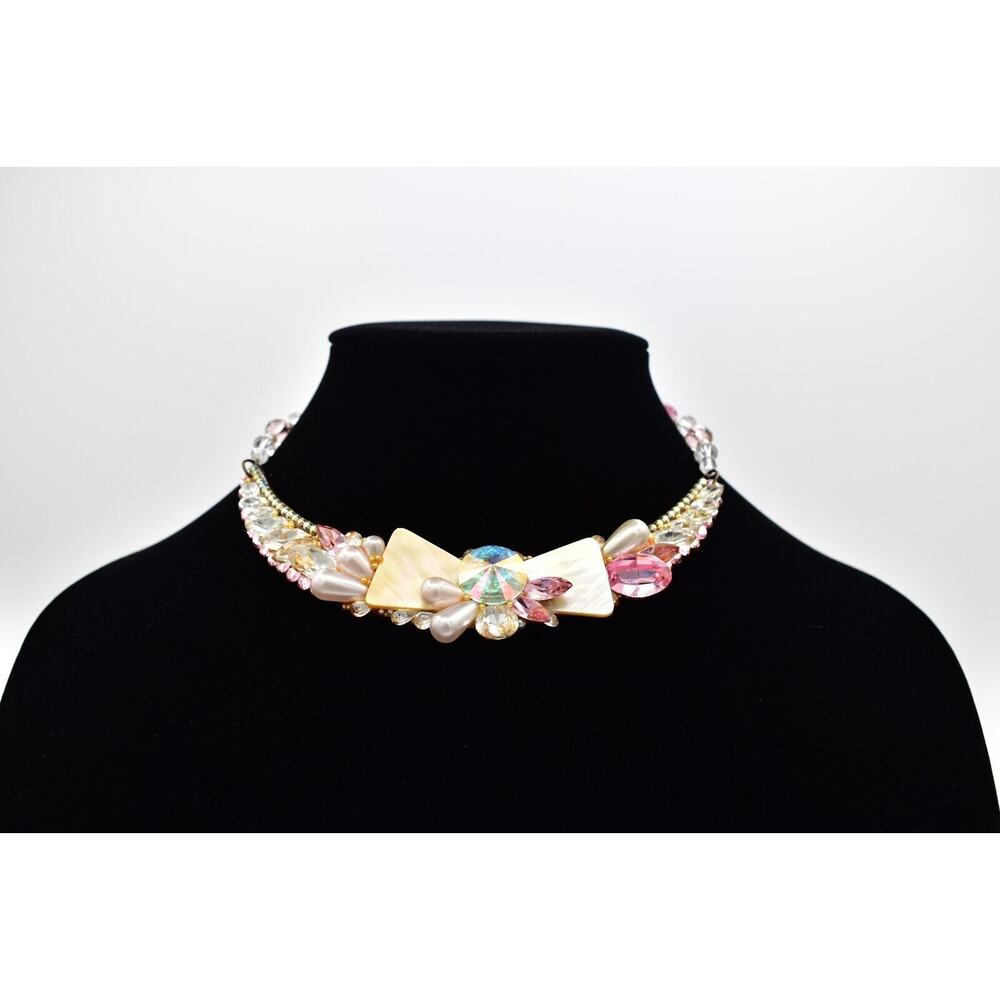 Wendy Gell Vintage Collar Necklace Cluster Pink AB Crystal Pearl Signed 80s BinN